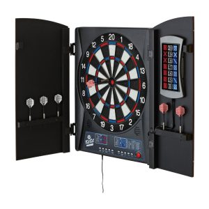Fat Cat Mercury Electronic Dartboard, Built In Cabinet Doors With Integrated Scoreboard, Dart Storage For 6 Darts, Dual Display In Two Colors