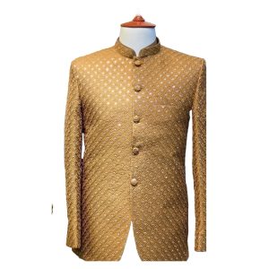 Golden Embroidered Prince Coat With Base of Silk & Machine Thread Work