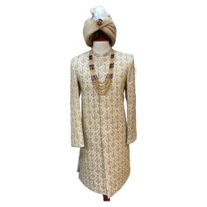 Golden Sherwani Set with Base of Silk and Machine Thread Work